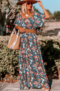 Sky Blue Floral Knotted Back Square Neck Maxi Dress