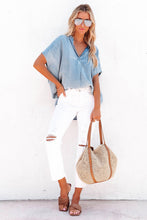 Load image into Gallery viewer, Sky Blue Split V Neck Oversized Denim Blouse