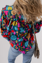 Load image into Gallery viewer, Green Floral Knot Split Neck Puff Sleeve Blouse