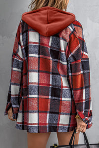 Red Plaid Button Front Hooded Shacket