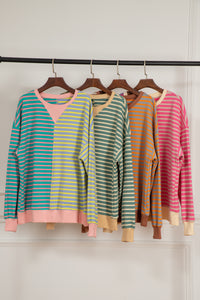 Green Stripe Casual Stripe Colorblock Drop Shoulder Oversize Sweatshirt