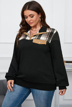 Load image into Gallery viewer, Black Plus Size Quilted Plaid Patch Henley Sweatshirt