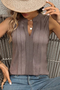 Khaki Solid V Neck Pleat Sleeveless Shirt