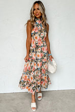 Load image into Gallery viewer, Black Knotted Halter Floral Print Ruffle Tiered Maxi Dress