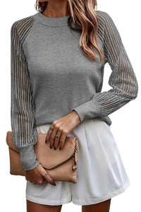 Ribbed Solid Color Striped Mesh Long Sleeve Top