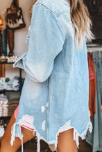 Load image into Gallery viewer, Beau Blue Mineral Wash Distressed Frayed Long Denim Jacket