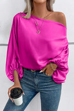 Load image into Gallery viewer, Bright Pink Solid Color Asymmetrical Neck Lantern Sleeve Blouse