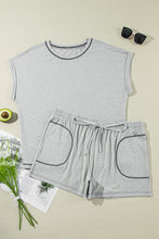 Load image into Gallery viewer, Gray Contrast Stitching Cuffed Sleeve Plus Shorts Set