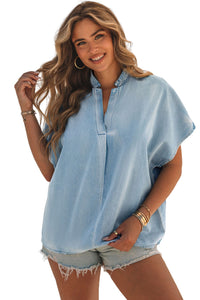 Sky Blue Split V Neck Oversized Denim Blouse