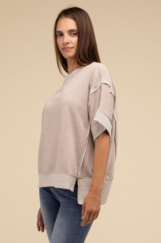 Courtney-Contrast Trim Top Stitching Drop Shoulder Top