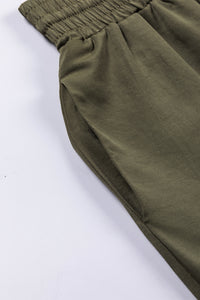 Green Brown Drawstring Elastic Waist Casual Wide Leg Pants