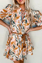 Load image into Gallery viewer, Brown Abstract Printed Puff Sleeve Button Up Braided Belt Mini Dress