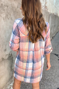 Plaid Roll-tab Sleeve Side Slit Shirt Dress