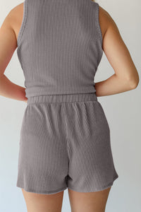 Erin-Medium Grey Corded Sleeveless Top and Pocketed Shorts Set