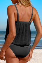 Load image into Gallery viewer, Black Striped Mesh Knotted Hem Tankini Swimsuit