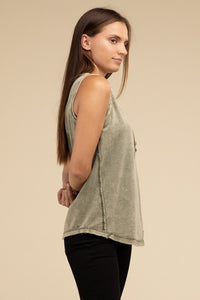 Olivia: Half-Button Raw Edge Sleeveless  Top