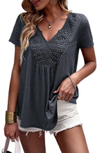 Load image into Gallery viewer, Solid Color Lace Crochet Short Sleeve V Neck T Shirt