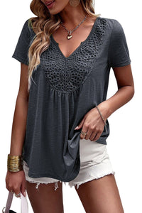 Solid Color Lace Crochet Short Sleeve V Neck T Shirt