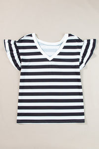 Black Striped V Neck Ruffle Sleeve Top