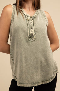 Olivia: Half-Button Raw Edge Sleeveless  Top