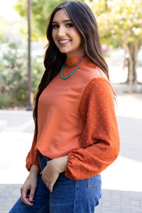 Orange Swiss Dot Balloon Sleeve Loose Blouse