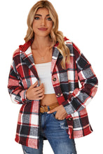 Load image into Gallery viewer, Red Plaid Button Front Hooded Shacket