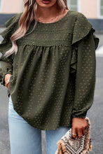 Load image into Gallery viewer, Mist Green Plus Lace Swiss Dot Ruffle Long Sleeve Top