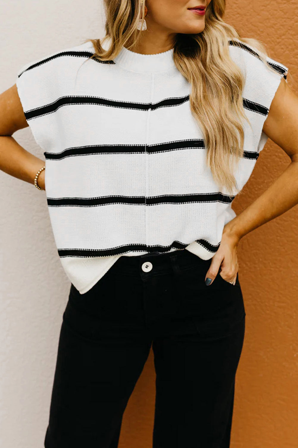 White Striped Batwing Sleeve Sweater