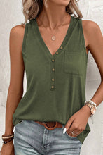 Load image into Gallery viewer, Jungle Green Half Button V Neck Patched Pocket Tank Top