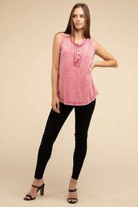 Olivia: Half-Button Raw Edge Sleeveless  Top