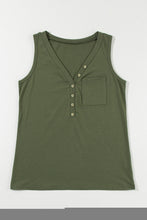 Load image into Gallery viewer, Jungle Green Half Button V Neck Patched Pocket Tank Top