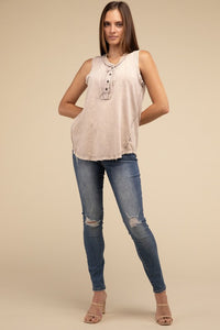 Olivia: Half-Button Raw Edge Sleeveless  Top