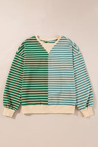 Green Stripe Casual Stripe Colorblock Drop Shoulder Oversize Sweatshirt