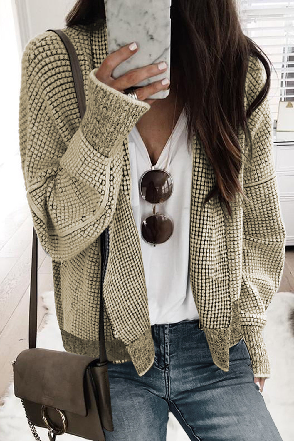 Gingham Contrast Trim Open Front Cardigan