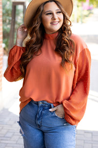 Orange Swiss Dot Balloon Sleeve Loose Blouse