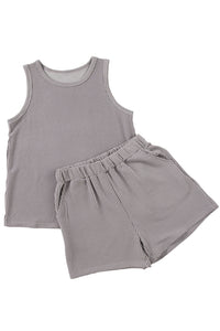 Erin-Medium Grey Corded Sleeveless Top and Pocketed Shorts Set