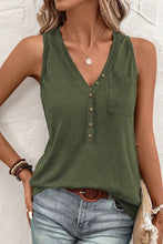 Load image into Gallery viewer, Jungle Green Half Button V Neck Patched Pocket Tank Top