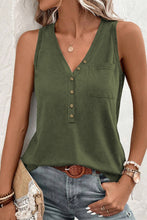 Load image into Gallery viewer, Jungle Green Half Button V Neck Patched Pocket Tank Top