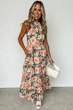 Load image into Gallery viewer, Black Knotted Halter Floral Print Ruffle Tiered Maxi Dress