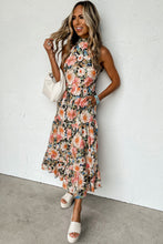 Load image into Gallery viewer, Black Knotted Halter Floral Print Ruffle Tiered Maxi Dress