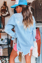 Load image into Gallery viewer, Beau Blue Mineral Wash Distressed Frayed Long Denim Jacket