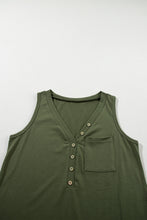 Load image into Gallery viewer, Jungle Green Half Button V Neck Patched Pocket Tank Top