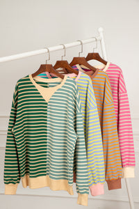 Green Stripe Casual Stripe Colorblock Drop Shoulder Oversize Sweatshirt