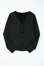 Load image into Gallery viewer, Black Acid Wash Waffle Knit Buttoned Neckline Long Sleeve Top