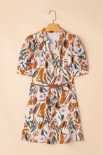 Load image into Gallery viewer, Brown Abstract Printed Puff Sleeve Button Up Braided Belt Mini Dress