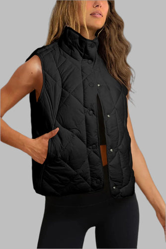 Black Quilted High Neck Button Up Pocket Vest Coat