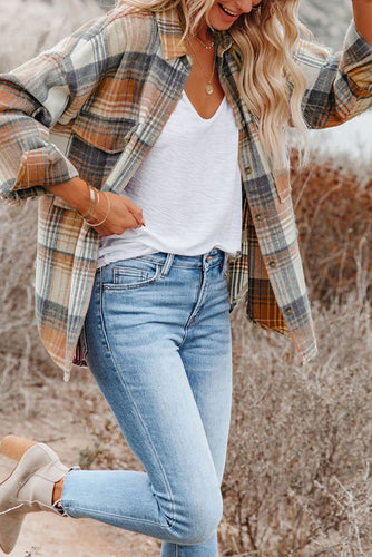 Gold Flame & Grey Plaid Button Up Collared Flannel Shacket