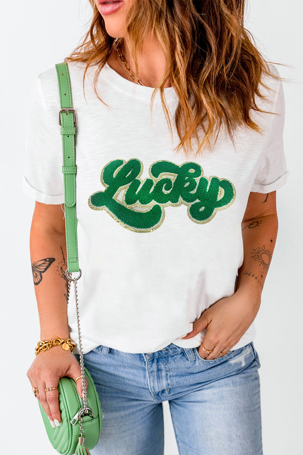 White St. Patrick Lucky Chenille Glitter Patched Graphic T Shirt – Worn &  Refined