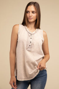 Olivia: Half-Button Raw Edge Sleeveless  Top