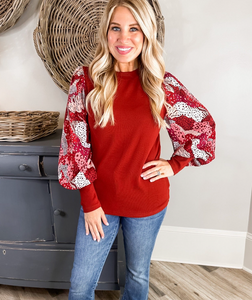 Fiery Red Mixed Animal Print Sleeve Ribbed Top